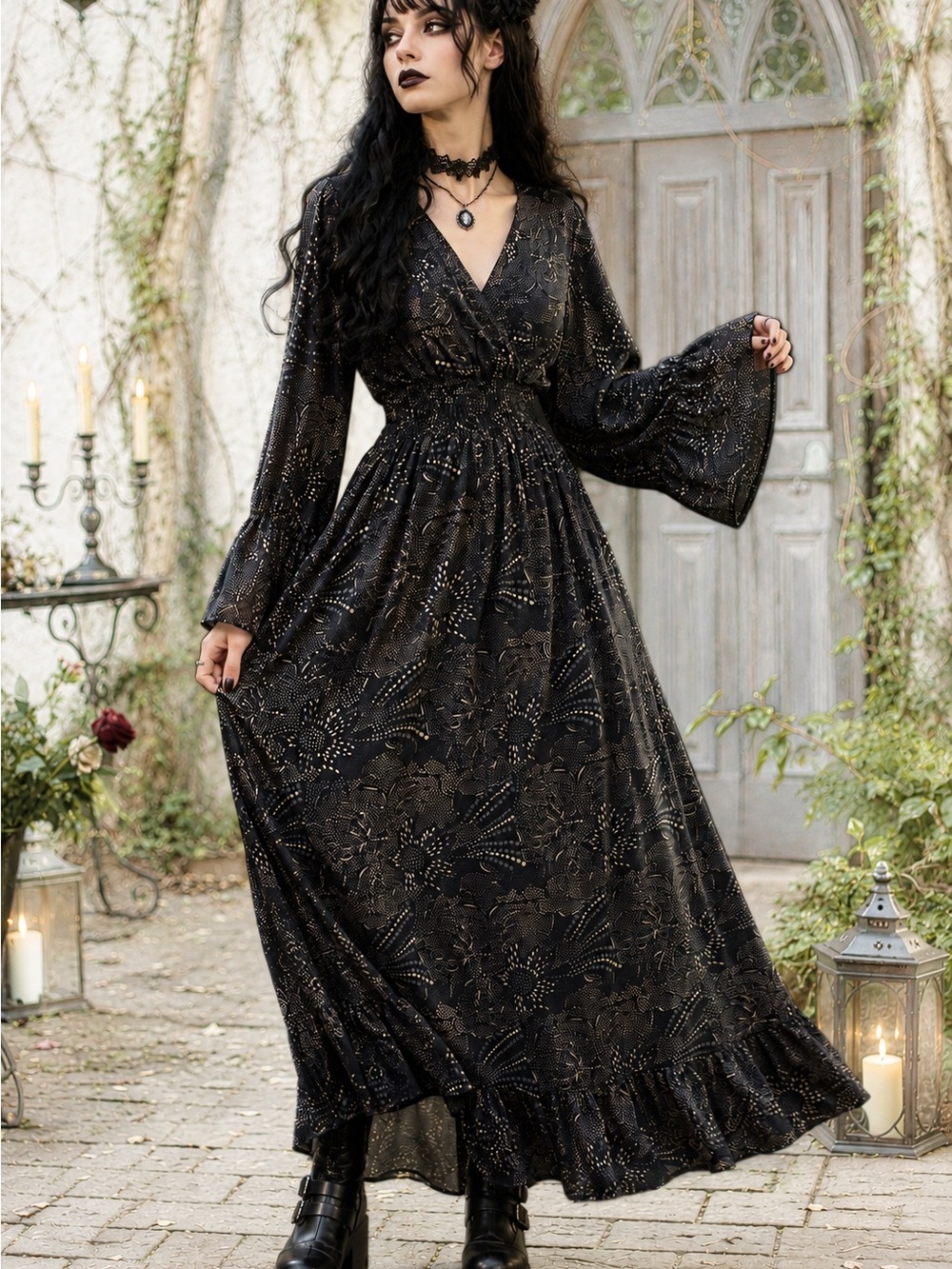 Paani Black Boho Maxi Dress Metallic Dot Smocked Waist Size Large Whimsigoth